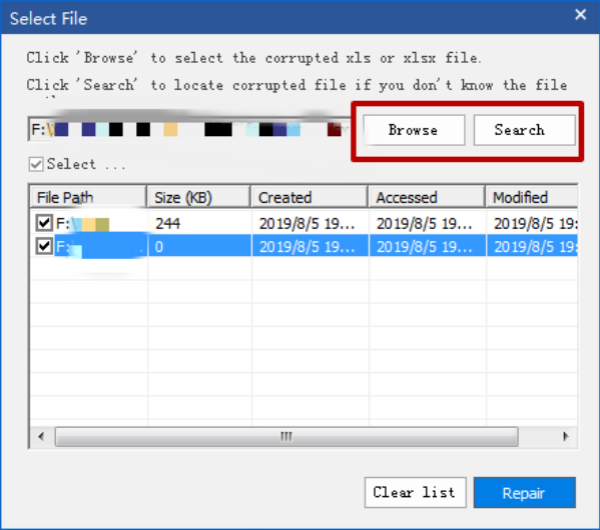 破損した.XLS或は.XLSXファイルを選択